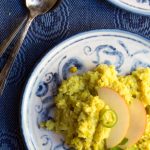 Curried cauliflower risotto with pickled apples and Serrano peppers.
