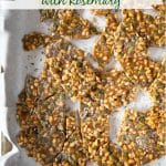 Broken up pieces of pine nut and pumpkin seed brittle with rosemary, with text overlay.