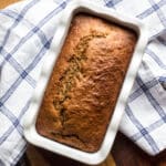 A loaf of caramelized banana bread baked with Einkorn flour.