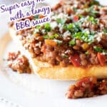Lentil Sloppy Joe on a toasted sandwich roll, topped with chopped parsley and Parmesan cheese, with text overlay.