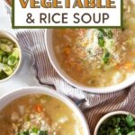 Two bowls of chickpea vegetable rice soup and toppings with text overlay.