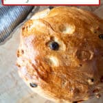 A bread round or Julekake with text overlay.