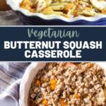 Top and side view of butternut squash casserole with apples and mushrooms.