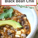 A bowl of southwestern black bean chili with text overlay.